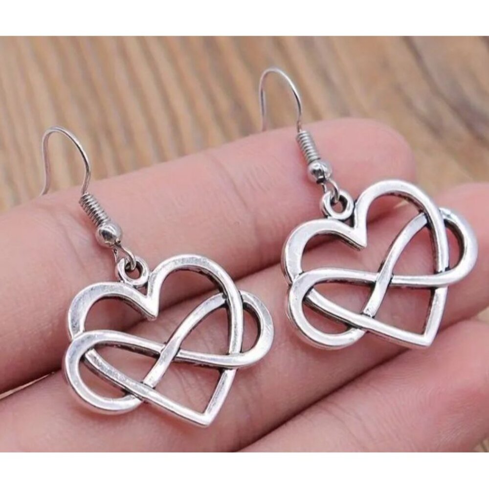 Silver Tone Infinity Heart Dangling Earrings